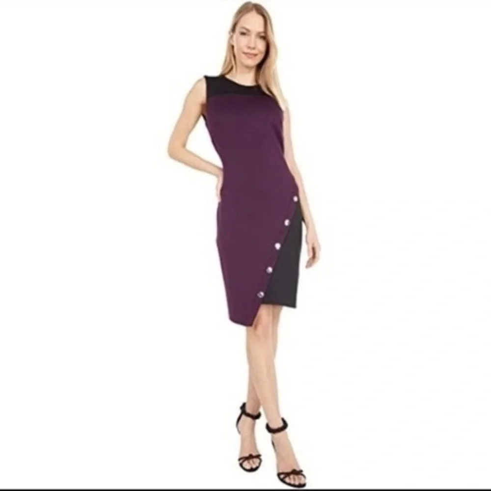 NWT DKNY purple faux leather detail sheath dress X1